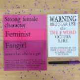 Feminism prints. Fangirl, Strong Female Character, Feminist Definition prints on purple sequin background