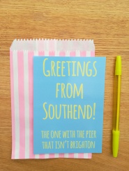 Greetings from Southend blue and yellow postcard